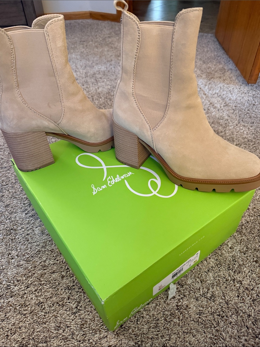 Sam Edelman Beige Suede Block Heel Chelsea Booties
